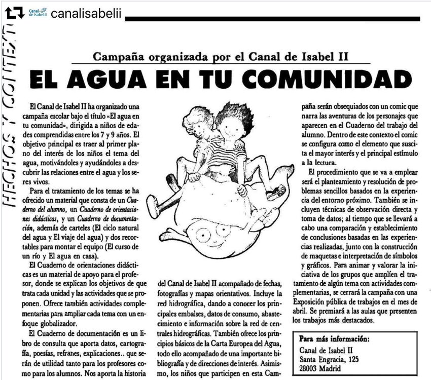 Primer artículo publicado sobre Canal Educa. El agua en tu comunidad - 35 años de Canal Educa
