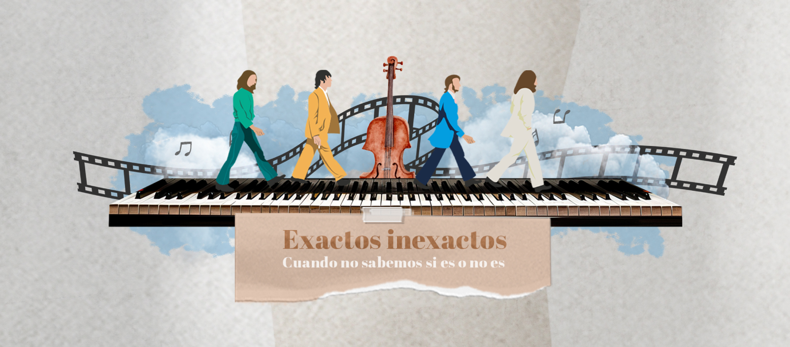 Ilustración del concierto Exactos inexactos. Representa a cuatro figuras cruzando un teclado de piano, evocando la icónica imagen de Abbey Road. Elementos musicales como un violín, notas y cintas de película refuerzan la temática del evento.